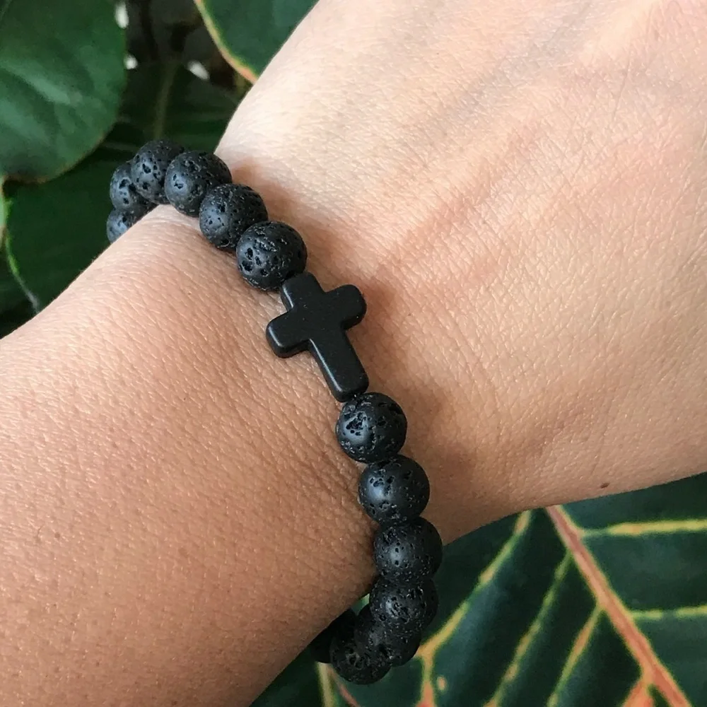 Black Cross Lava Stone Bead Bracelet 8mm beads - Size 8 inches